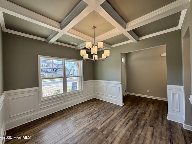 unfurnished dining area with dark wood-style flooring, a wainscoted wall, an inviting chandelier, and coffered ceiling
