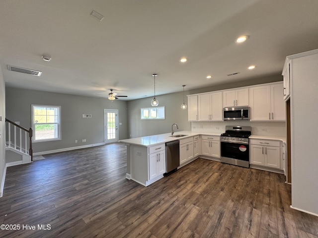 kitchen with a peninsula, a ceiling fan, a sink, stainless steel appliances, and open floor plan