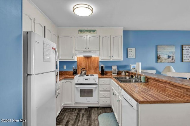 kitchen featuring white cabinetry, sink, dark wood-type flooring, crown molding, and white appliances