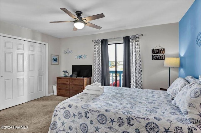 bedroom with access to exterior, a closet, ceiling fan, and light colored carpet