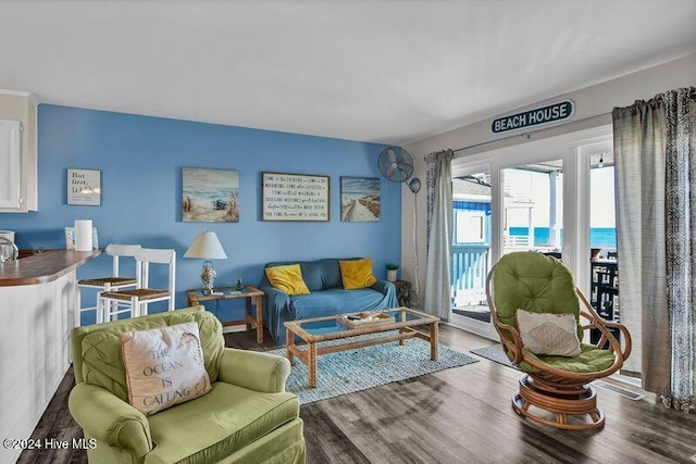 living room featuring hardwood / wood-style floors and a water view