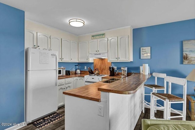 kitchen featuring white cabinetry, sink, dark hardwood / wood-style floors, kitchen peninsula, and white appliances