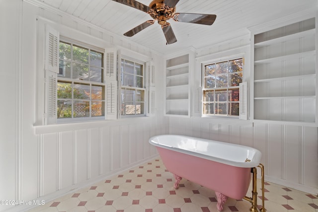 bathroom featuring a bathing tub, ceiling fan, built in features, wooden walls, and wood ceiling