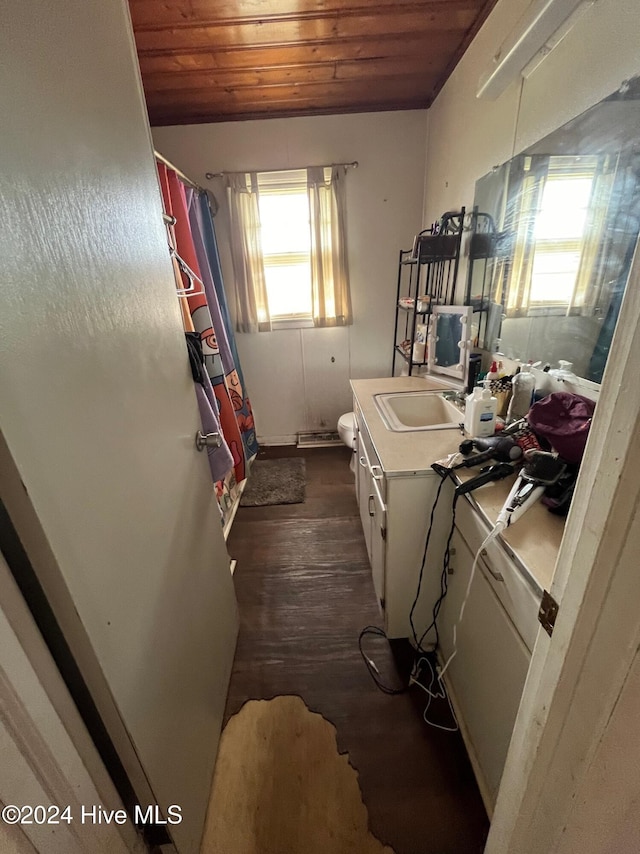 laundry room with dark hardwood / wood-style flooring, wood ceiling, and sink