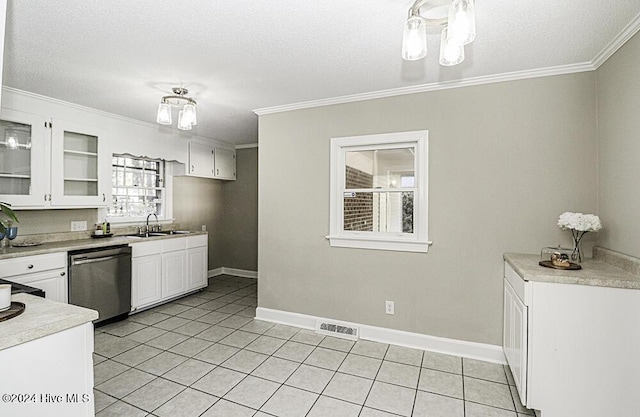 kitchen with sink, a textured ceiling, dishwasher, pendant lighting, and white cabinets