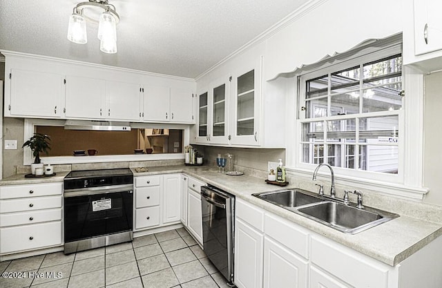 kitchen featuring sink, stainless steel electric range oven, a textured ceiling, black dishwasher, and white cabinets