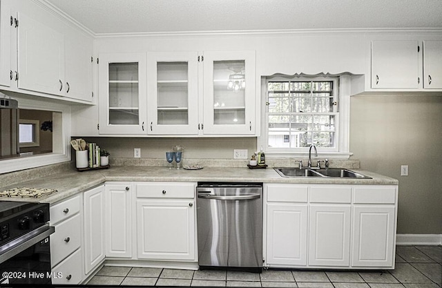 kitchen with white cabinetry, dishwasher, sink, and range