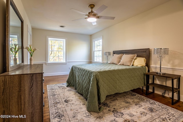 bedroom with ceiling fan and wood-type flooring