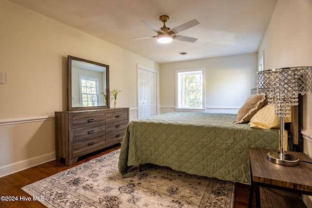 bedroom featuring dark hardwood / wood-style floors, ceiling fan, and a closet