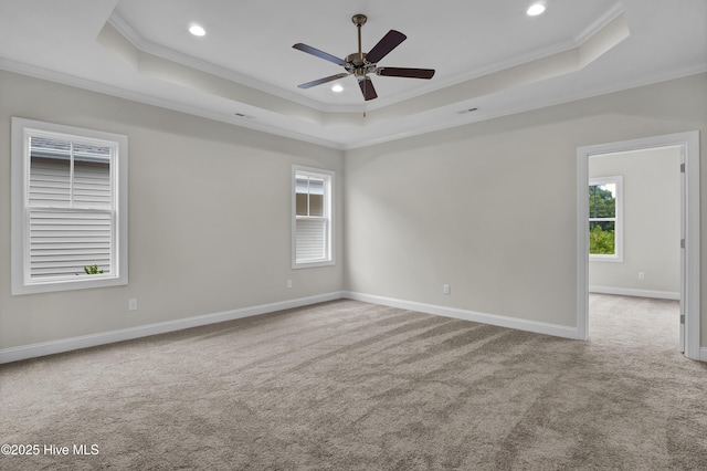 unfurnished room featuring light colored carpet and a tray ceiling