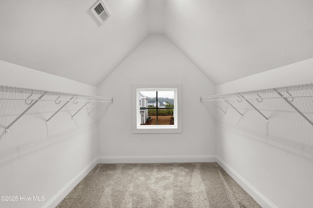 walk in closet with lofted ceiling and carpet floors