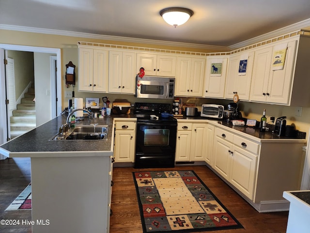 kitchen with dark hardwood / wood-style flooring, black range with electric stovetop, ornamental molding, sink, and white cabinetry