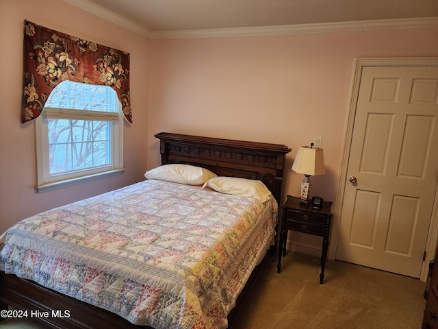 carpeted bedroom with crown molding