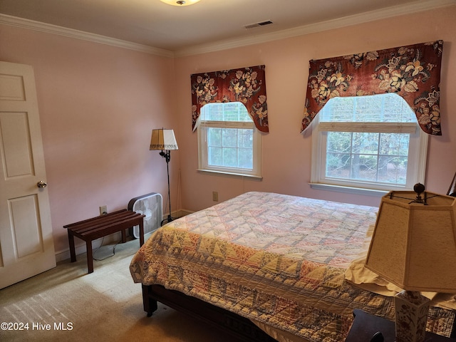 bedroom featuring crown molding and carpet