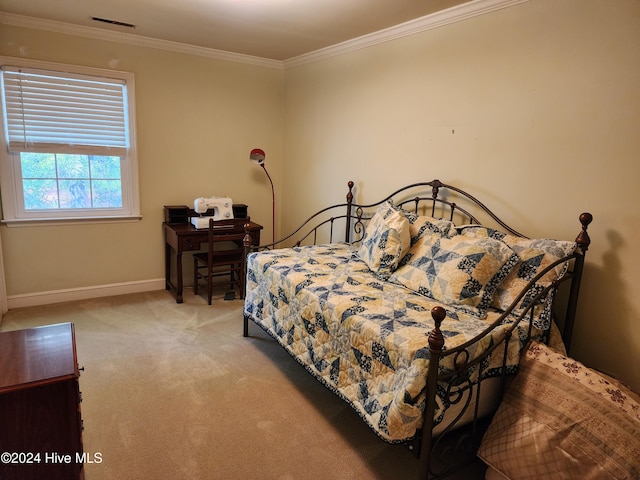 carpeted bedroom with crown molding