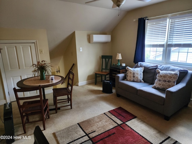 living room with a wall mounted air conditioner, ceiling fan, lofted ceiling, and light carpet