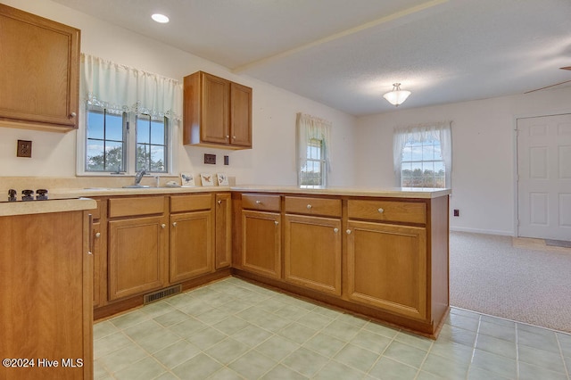 kitchen with light colored carpet and kitchen peninsula