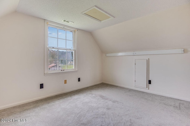 additional living space featuring a textured ceiling, light carpet, and vaulted ceiling