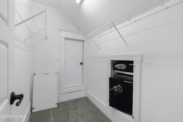 walk in closet featuring lofted ceiling and dark carpet