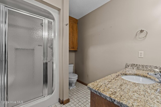 bathroom featuring vanity, a textured ceiling, toilet, and a shower with door