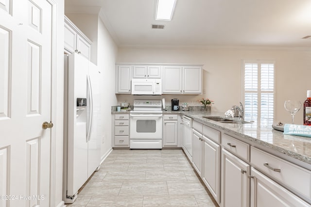 kitchen featuring white cabinetry, white appliances, sink, and ornamental molding