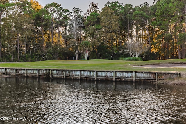 view of dock featuring a yard and a water view