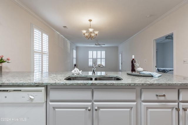 kitchen with white dishwasher, white cabinetry, crown molding, and sink