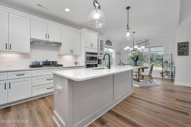 3314 Four Water Ln SW, Supply, NC 28462 - kitchen featuring under cabinet range hood, a sink, crown molding, light wood finished floors, and backsplash