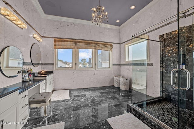 bathroom with crown molding, plenty of natural light, and a shower with shower door