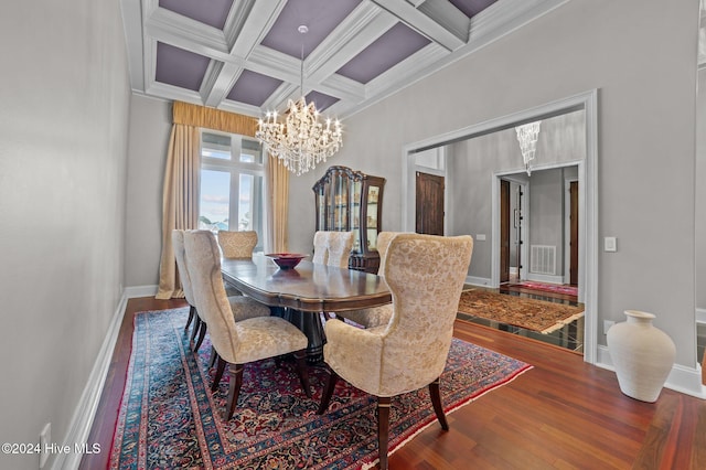 dining room with hardwood / wood-style floors, an inviting chandelier, coffered ceiling, crown molding, and beamed ceiling