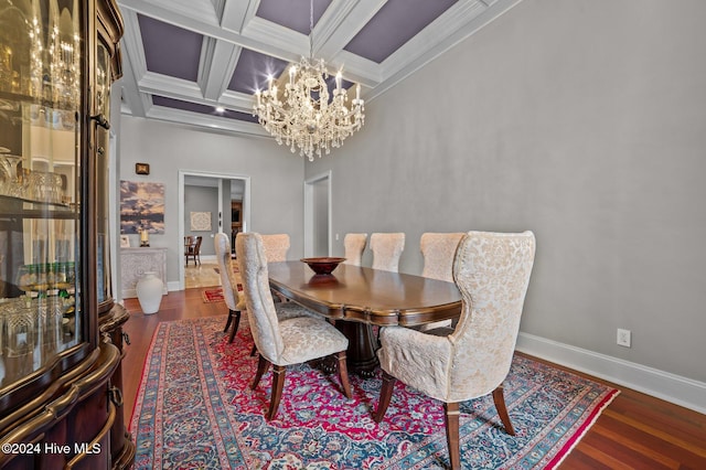 dining space with dark wood-type flooring, coffered ceiling, beamed ceiling, a notable chandelier, and ornamental molding