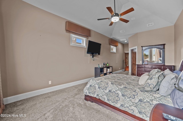 carpeted bedroom featuring ceiling fan and lofted ceiling