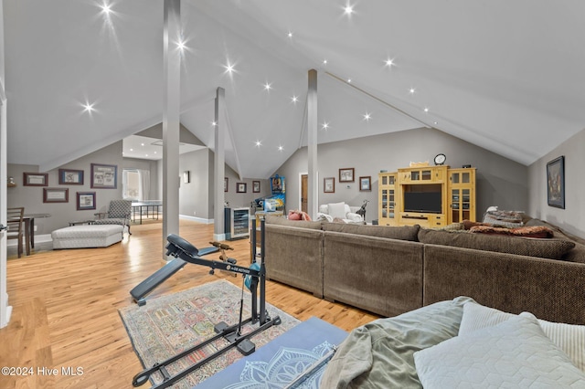 living room with light hardwood / wood-style floors and lofted ceiling