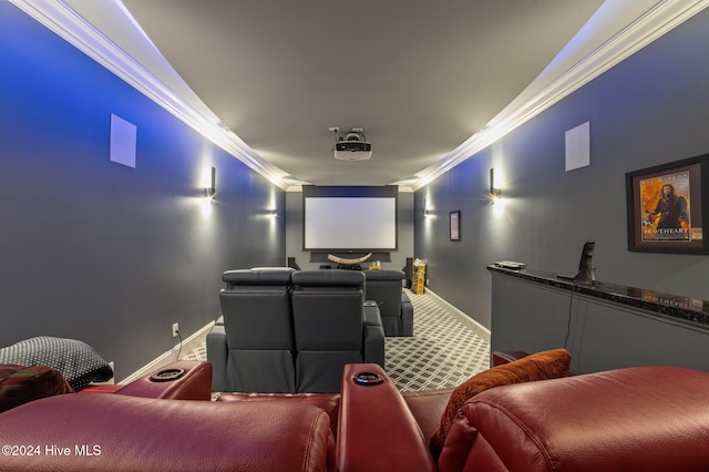 cinema room with carpet and ornamental molding