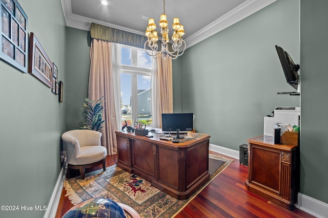 office space featuring a chandelier, dark hardwood / wood-style floors, and ornamental molding