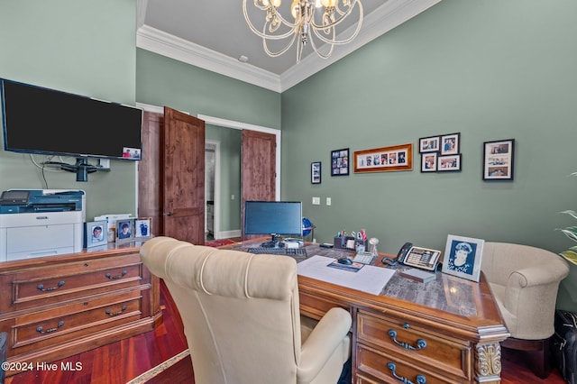 home office featuring a chandelier, hardwood / wood-style flooring, and ornamental molding