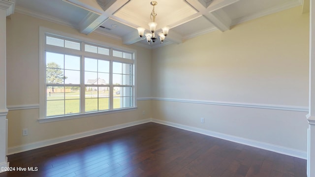 unfurnished room featuring beam ceiling, dark hardwood / wood-style floors, a notable chandelier, crown molding, and coffered ceiling