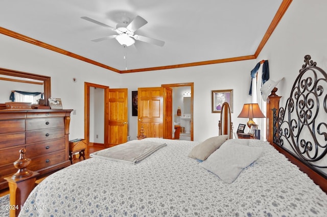 1221 NC Highway 305, Aulander, NC 27805 - bedroom featuring crown molding, a ceiling fan, and connected bathroom