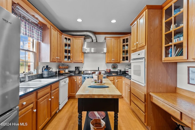 1221 NC Highway 305, Aulander, NC 27805 - kitchen with white appliances, wood counters, wall chimney range hood, light wood-style floors, and recessed lighting