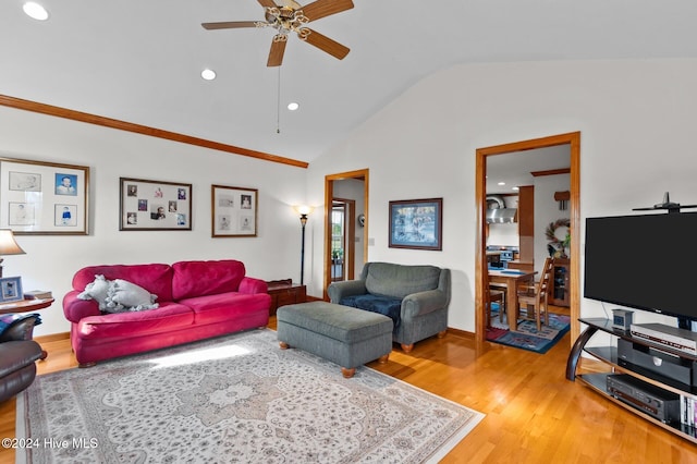 1221 NC Highway 305, Aulander, NC 27805 - living room with vaulted ceiling, ceiling fan, light wood-style floors, and recessed lighting