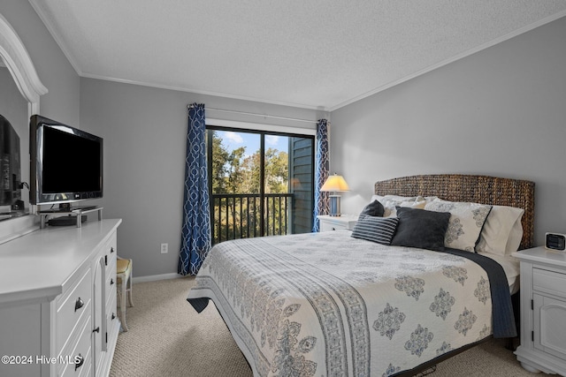 carpeted bedroom featuring access to outside, crown molding, and a textured ceiling