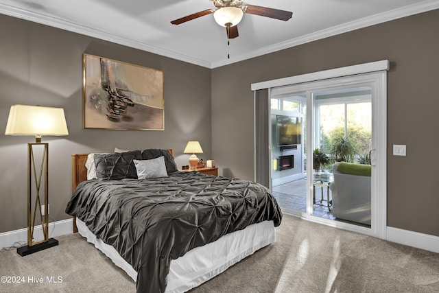 bedroom featuring access to exterior, ceiling fan, light colored carpet, and ornamental molding