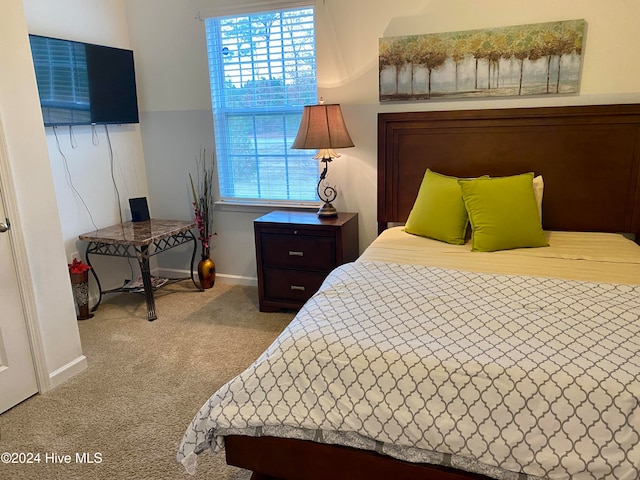 bedroom featuring light carpet and multiple windows