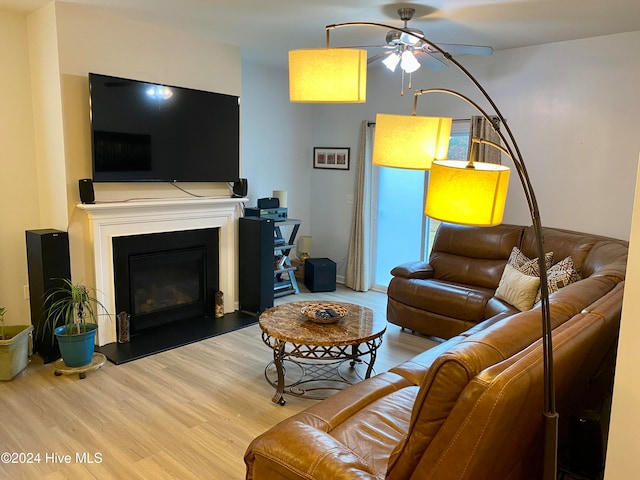 living room featuring ceiling fan and wood-type flooring