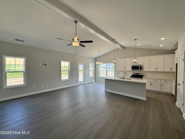 kitchen featuring dark wood finished floors, appliances with stainless steel finishes, open floor plan, and a sink