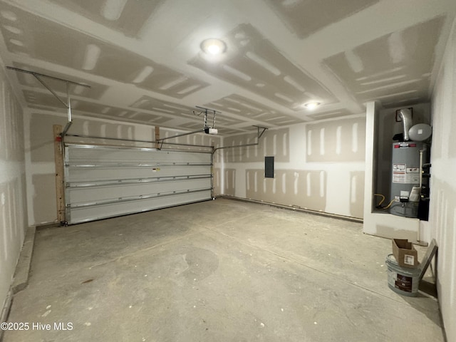 garage with water heater, electric panel, and a garage door opener