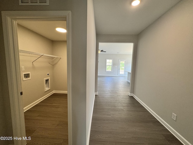 interior space featuring recessed lighting, visible vents, baseboards, and dark wood-style floors