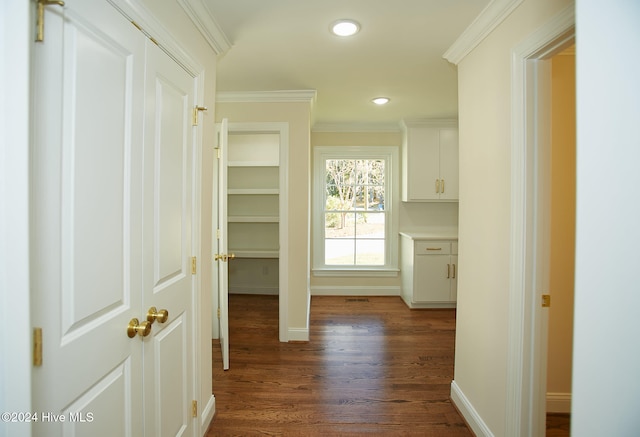 hallway featuring crown molding and dark hardwood / wood-style flooring