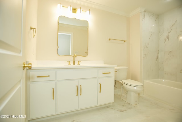 full bathroom with vanity, toilet, ornamental molding, and tiled shower / bath combo