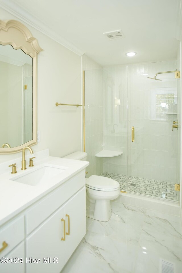 1204 Windemere Pl NW, Wilson, NC 27896 - bathroom with vanity, toilet, a stall shower, ornamental molding, and recessed lighting